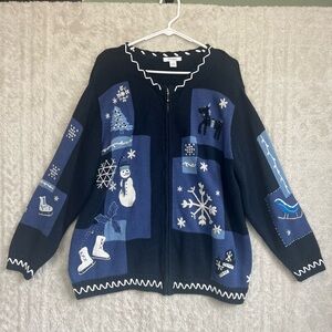 Dressbarn Christmas Holiday Cardigan Sweater Sz 22 Snowmen Sleigh Mittens Skates